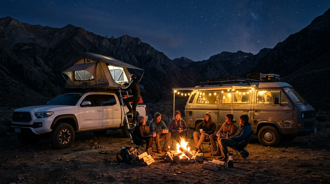Roof top tent at sunrise above an off-road vehicle on a remote campsite