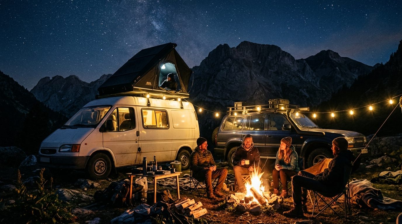 Friends around a fire with their roof top tents beside
