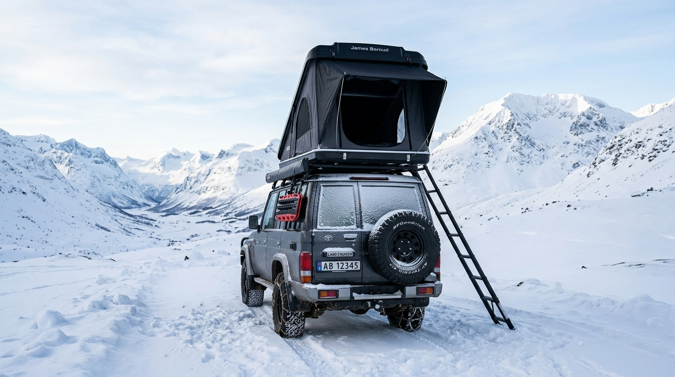 Car with a roof top tent open in the snow