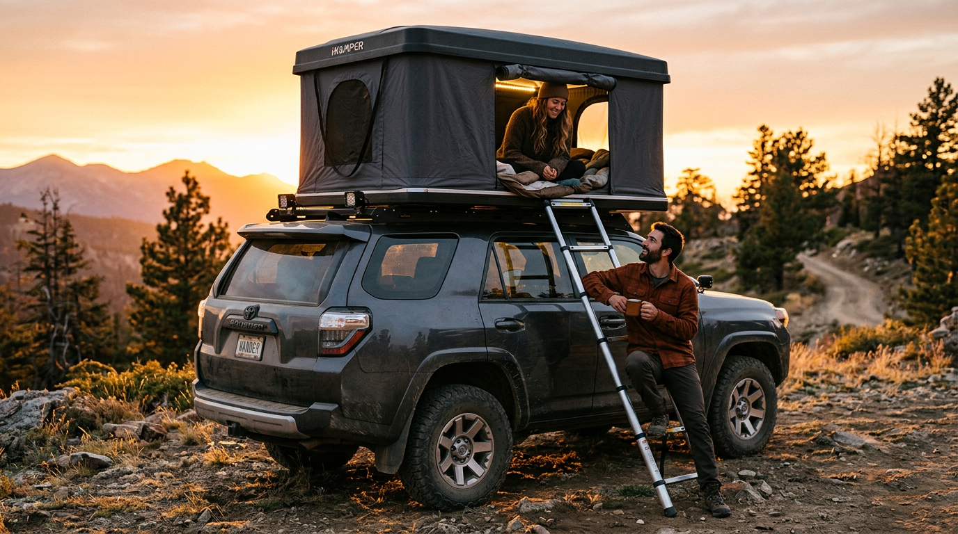A woman in a hard shell roof top tent